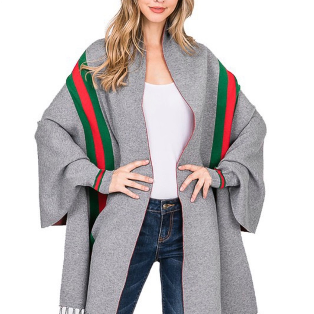 Poncho Gray with Red and Green Stripes